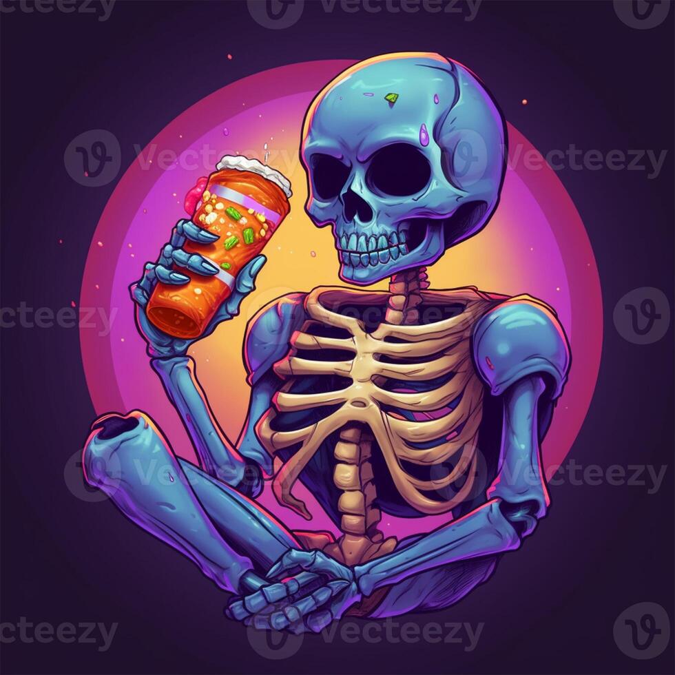 A cartoon skeleton holding a beer Generated photo