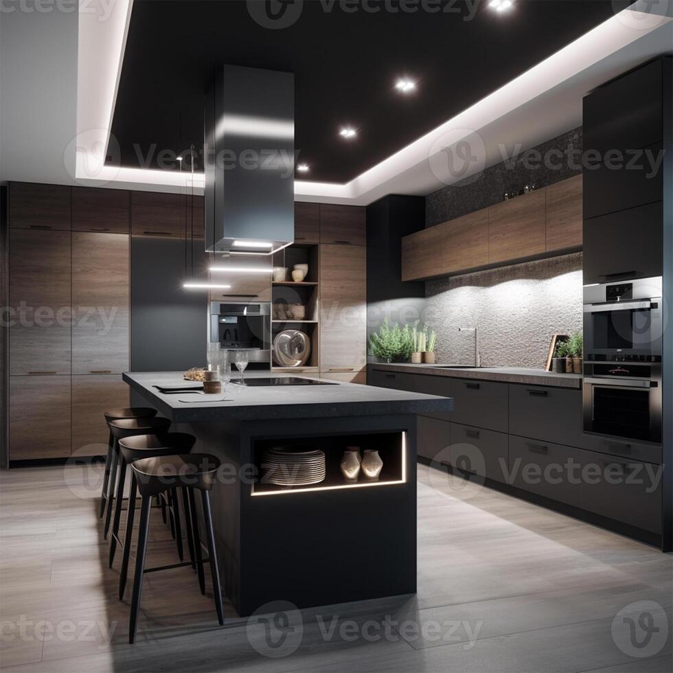 A kitchen with a black counter and a white light Generated photo