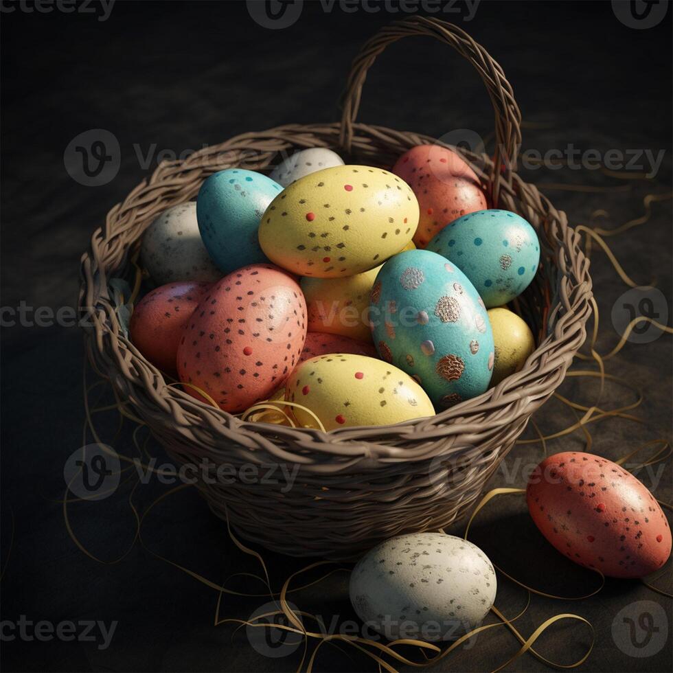 A basket of easter eggs with a flower Generated photo