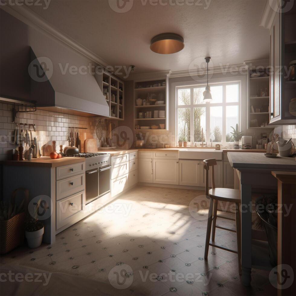 A kitchen with a large window Generated photo