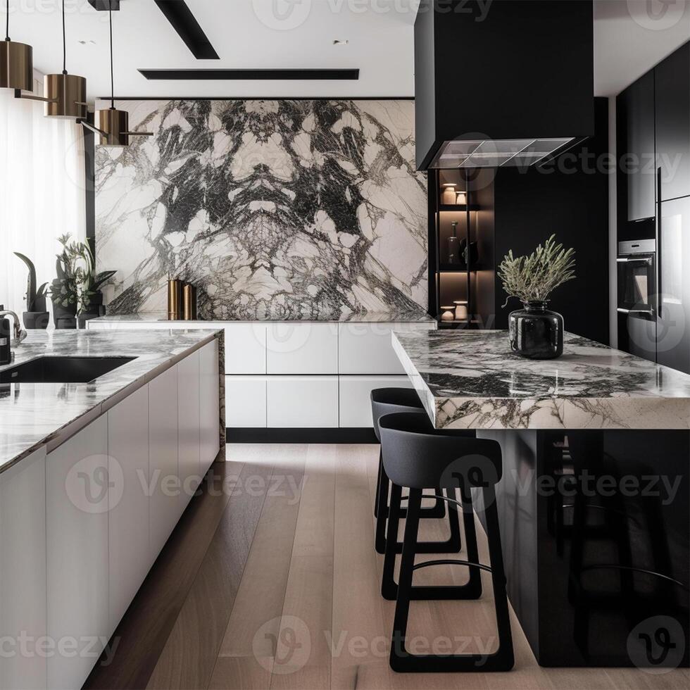 A black and white kitchen with a large wall behind Generated photo