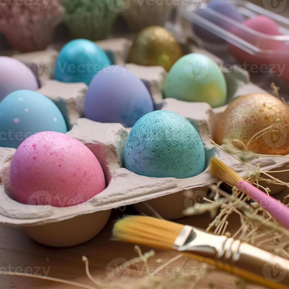 A carton of eggs with a brush and a paintbrush Generated photo
