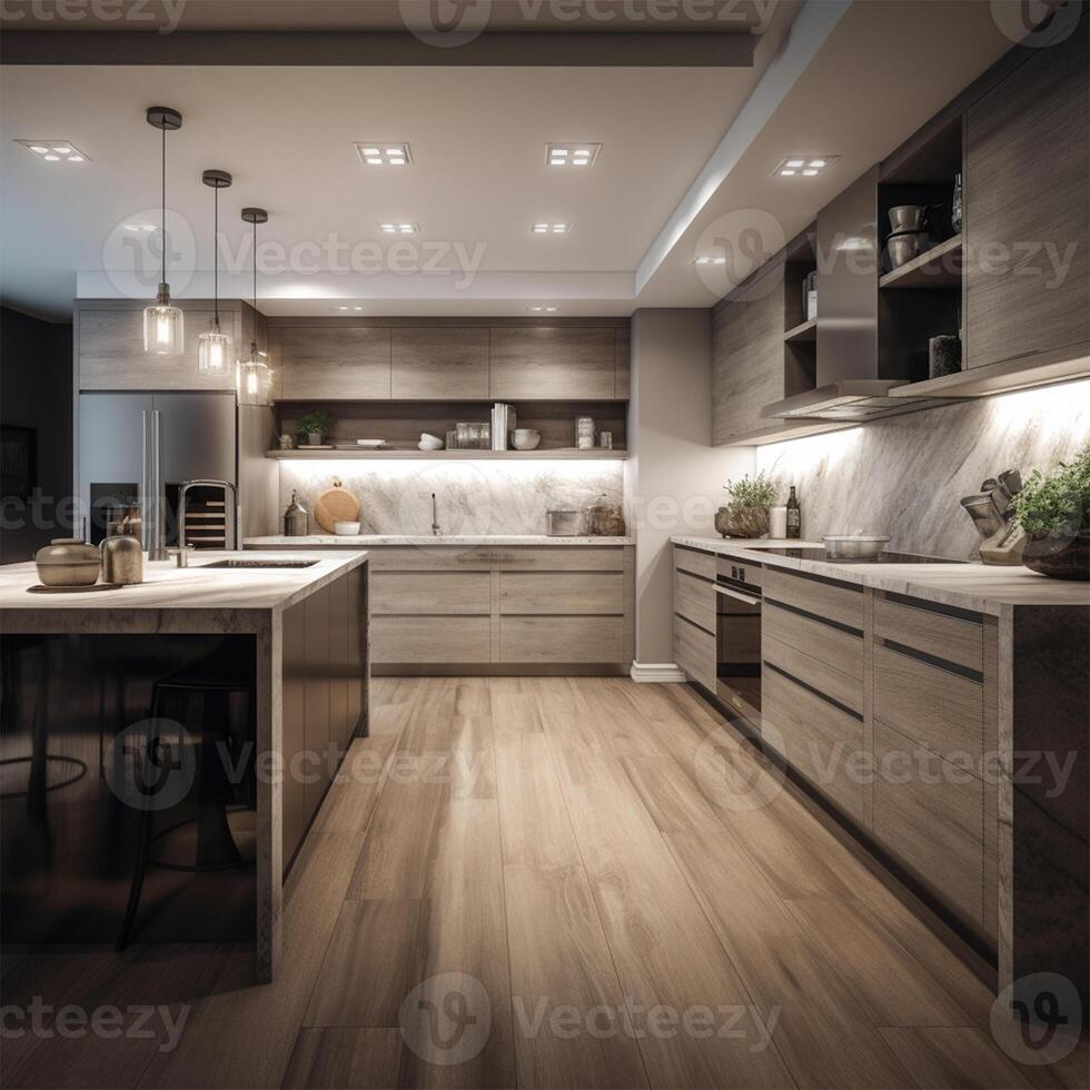 A kitchen with a large island with a wooden top Generated photo