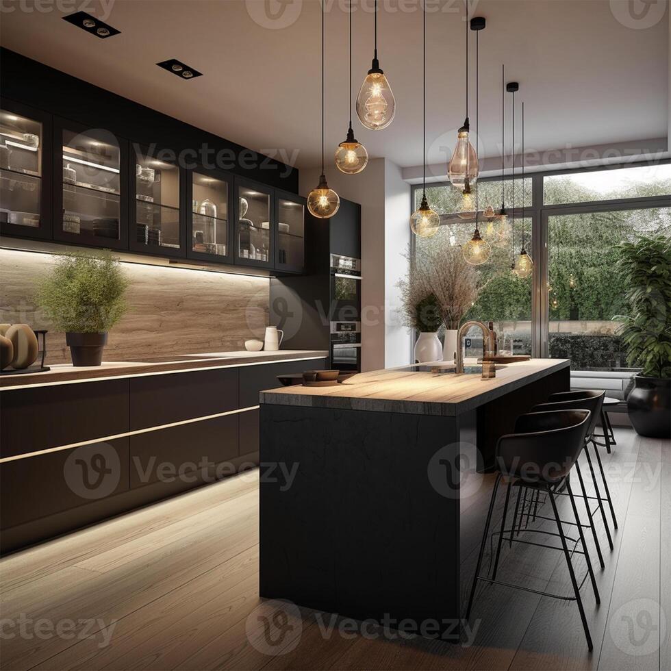 A kitchen with a large island with three lights Generated photo