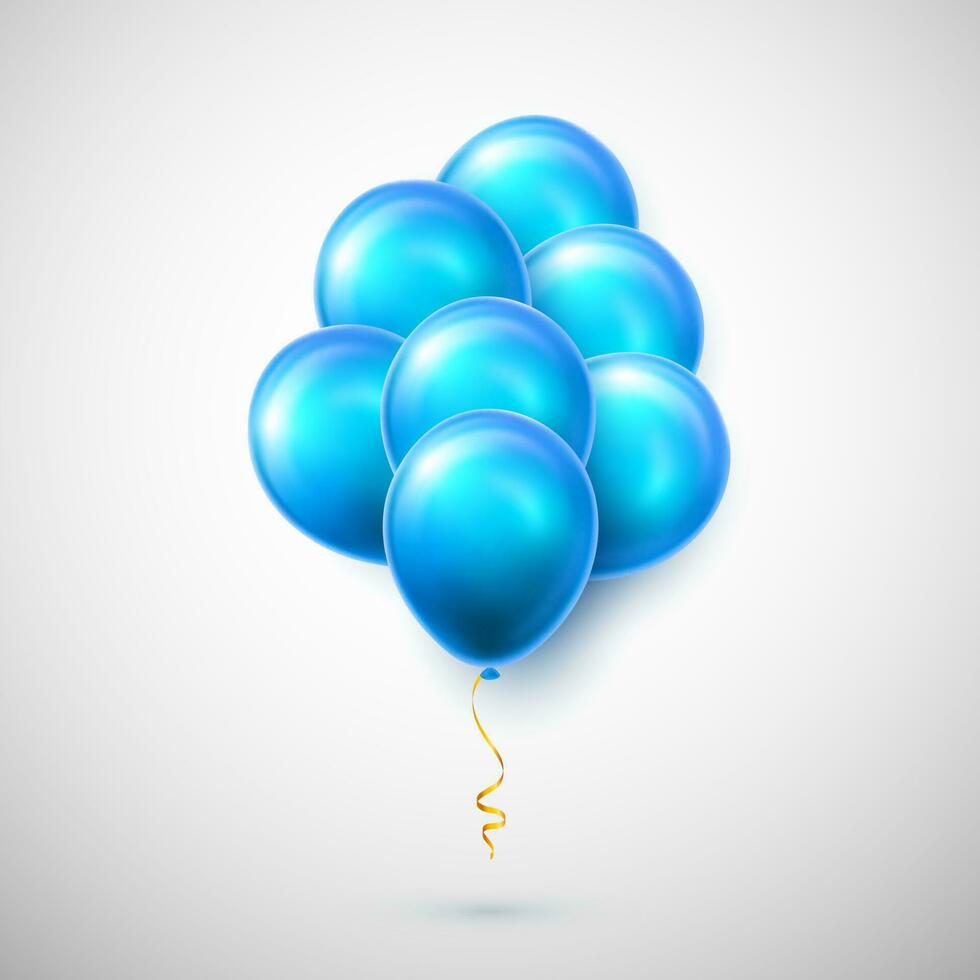 Flying bunch of blue balloon with shadow. Shine helium balloon for wedding, Birthday, parties. Festival decoration. Vector illustration