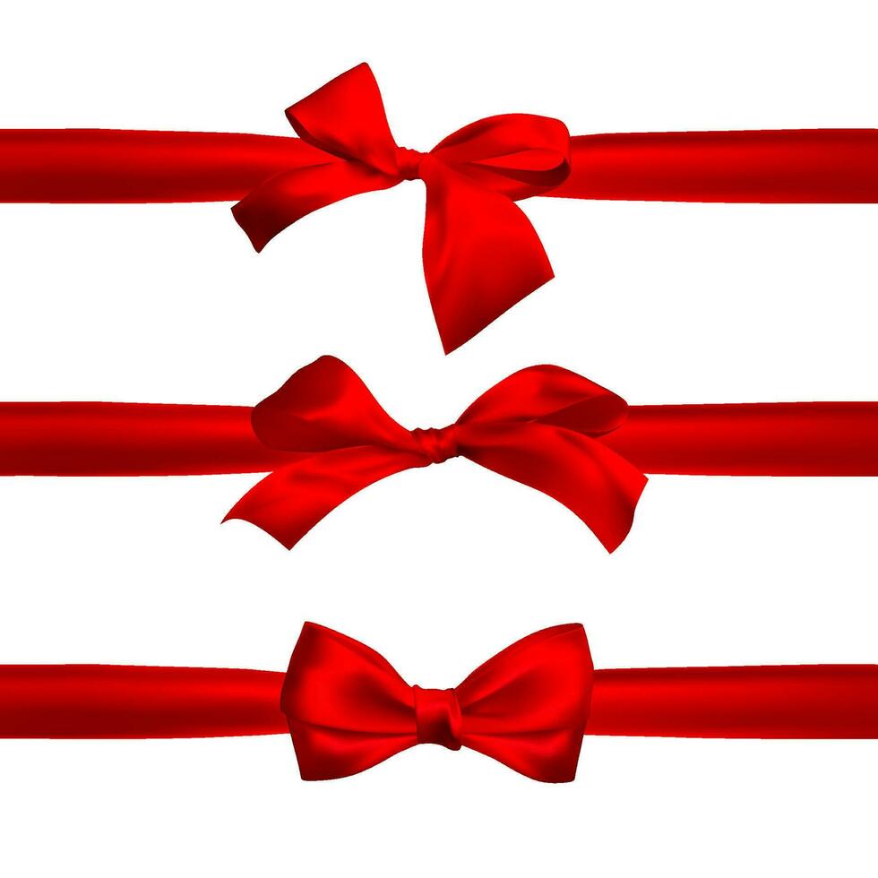 Realistic red bow with red ribbons isolated on white. Element for decoration gifts, greetings, holidays. Vector illustration