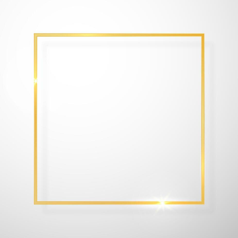 Gold shiny glowing vintage frame with shadows isolated on transparent background. Golden luxury realistic rectangle border. Vector illustration