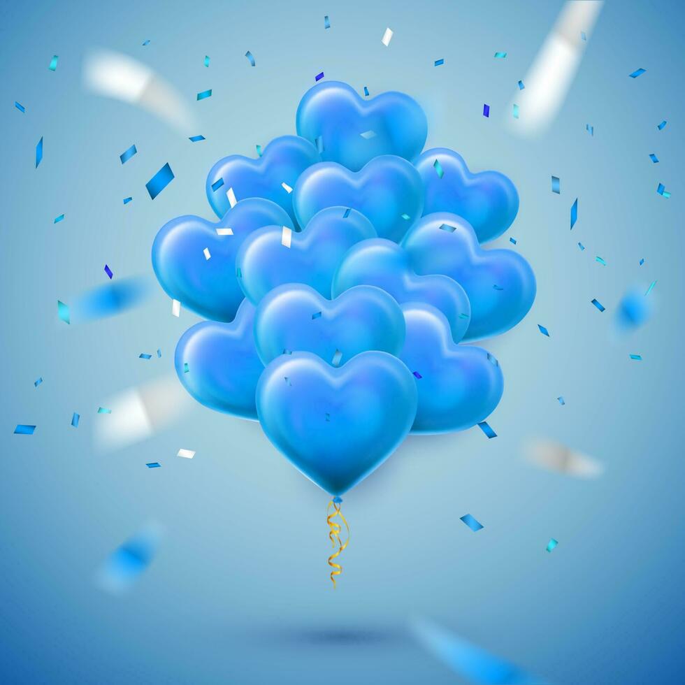 Happy Valentines Day background, blue balloon in form of heart with confetti. Vector illustration