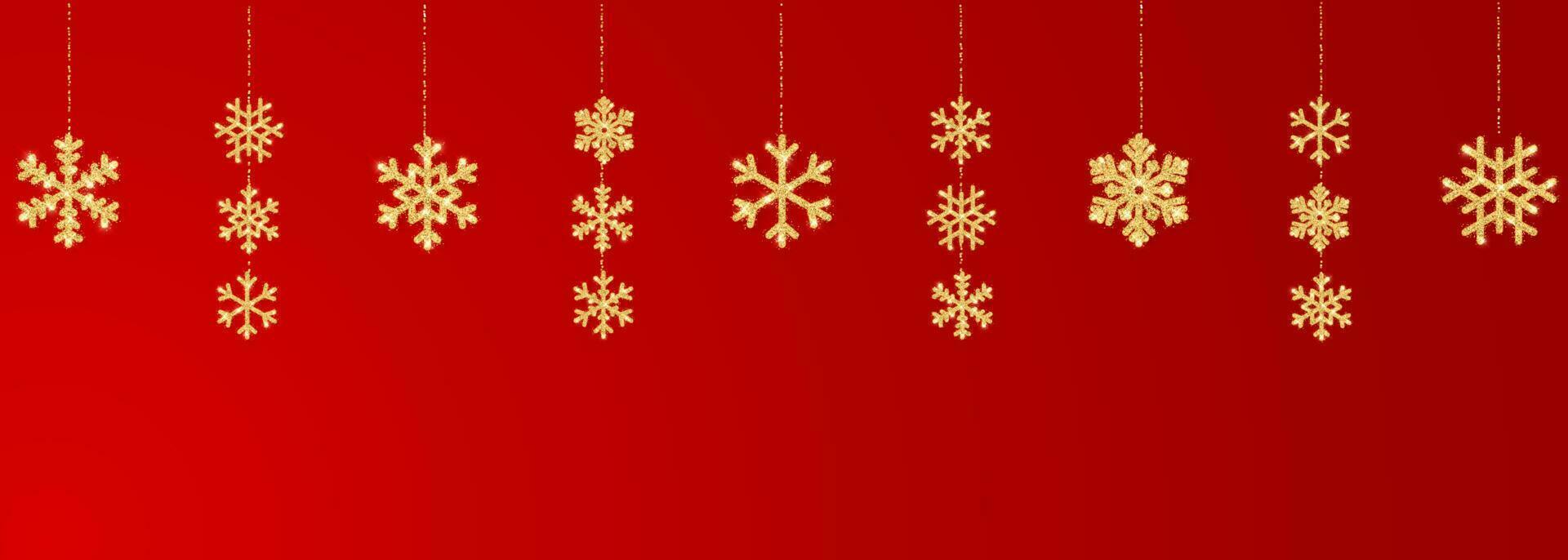 Christmas or New Year golden snowflake decoration garland on red background. Hanging glitter snowflake. Vector illustration