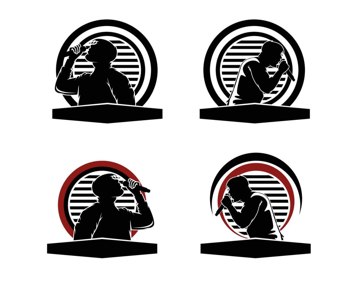 Vector set of silhouettes of man singing with microphone