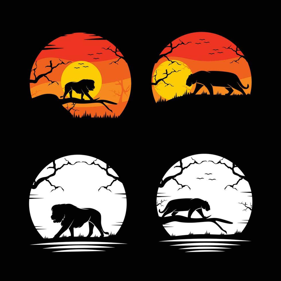 Set of lion and tiger silhouette collection vector