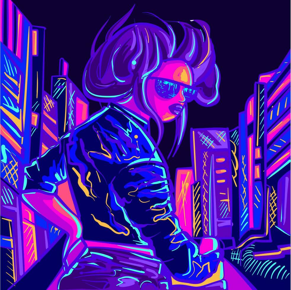Neon biker woman wearing a leather jacket in a big city. Fantasy rider with sunglasses in a retrowave town. vector