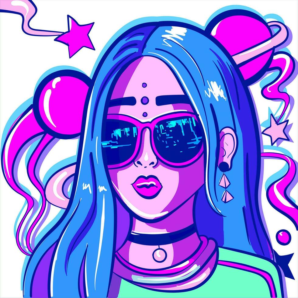 Vibrant neon digital art of a lofi girl with sunglasses and planets around her. Galaxy and universe background. Psychedelic woman stargazing. vector
