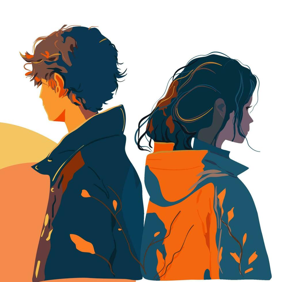 Young man and woman stand with their backs to each other vector