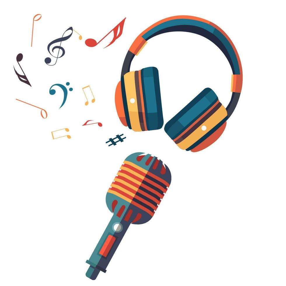 Microphone with headphones and musical notes vector