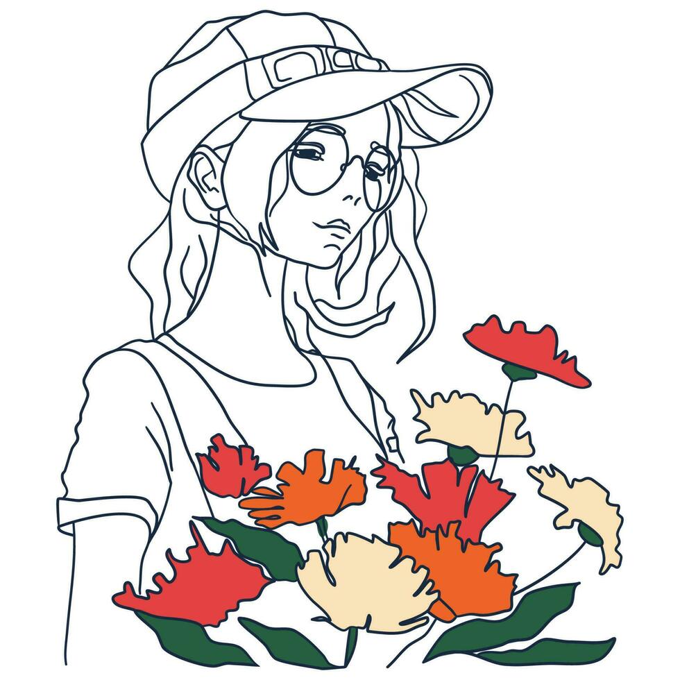 Pretty girl in hat with a bouquet of flowers in line art style vector