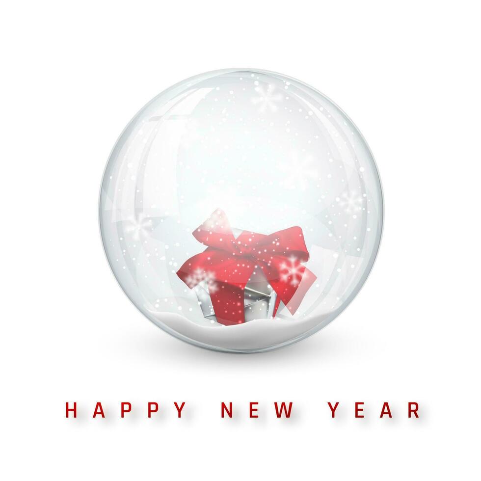 Snow globe ball with gift box. Realistic new year chrismas object with shadow. Vector illustration