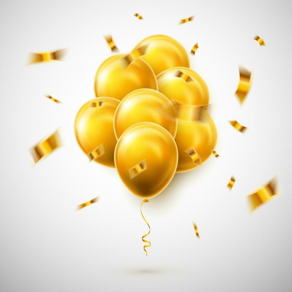 volador manojo de dorado globo con sombra. brillar helio globo para boda, cumpleaños, fiestas. festival decoración. vector ilustración