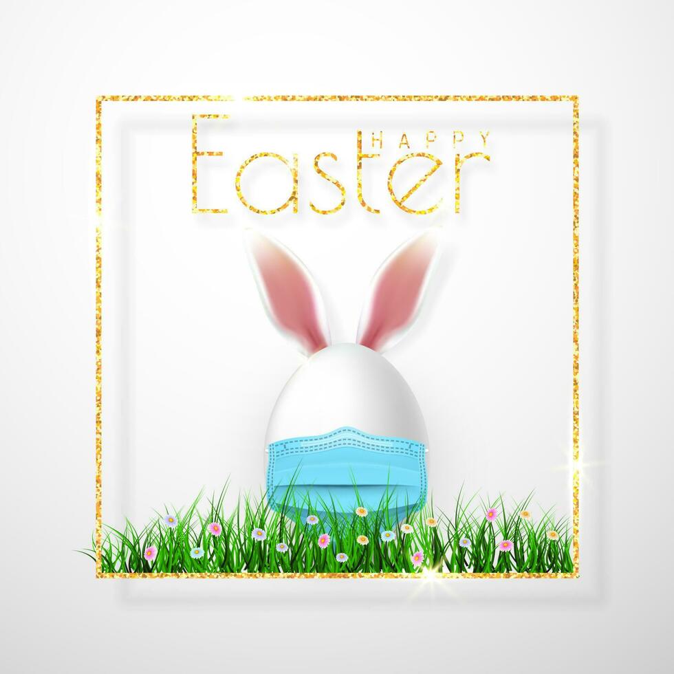 Happy Easter. Easter egg with rabbit ear in medical face mask on white background. Vector illustration