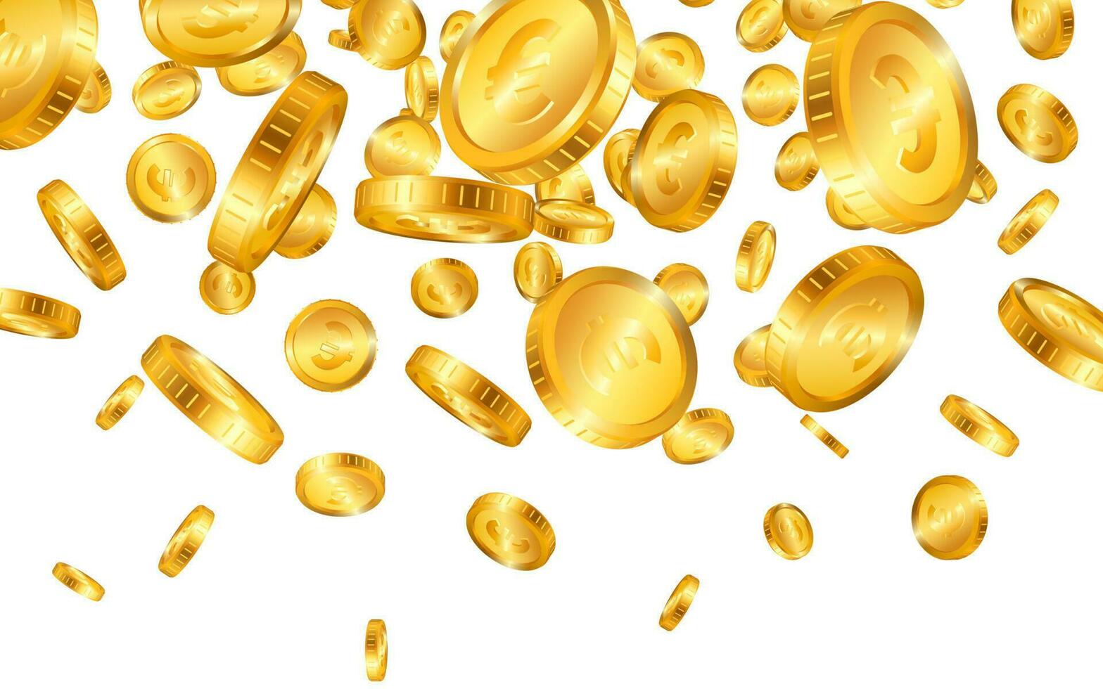 Falling from the top a lot of Euro gold coins on white background. Vector illustration