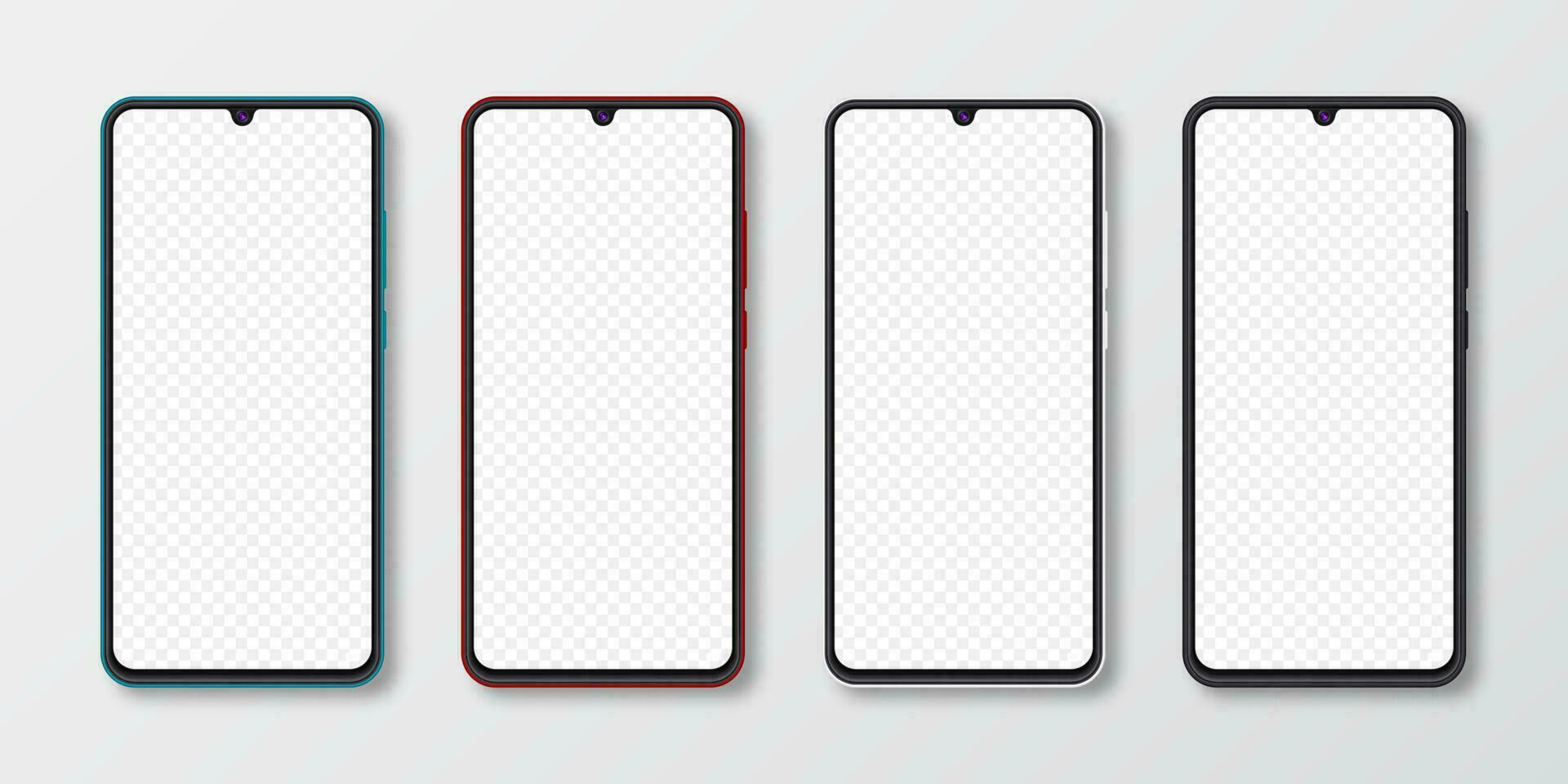 Realistic smartphone mock up set. Mobile phone display isolated on white gray background. 3D template illustration. Vector illustration