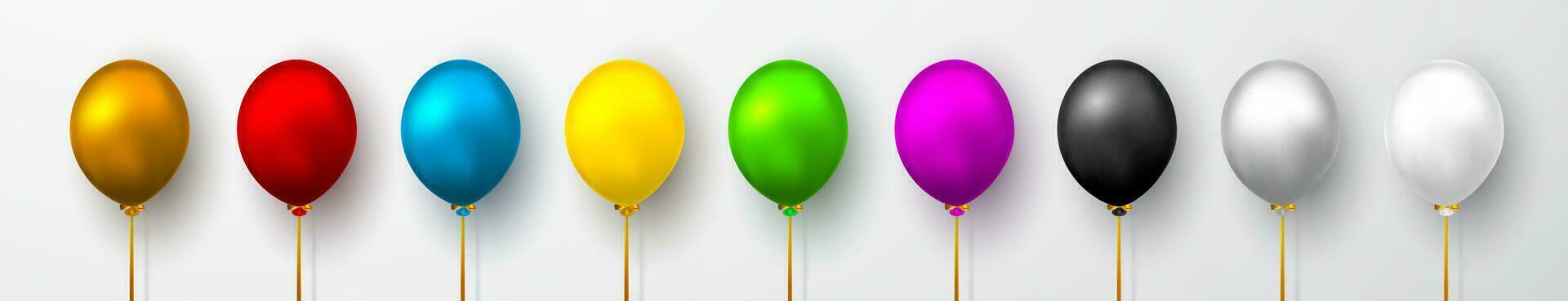 Realistic white, red, blue, black, gold and gray balloons on white background with shadow. Shine helium balloon for wedding, Birthday, parties. Festival decoration. Vector illustration