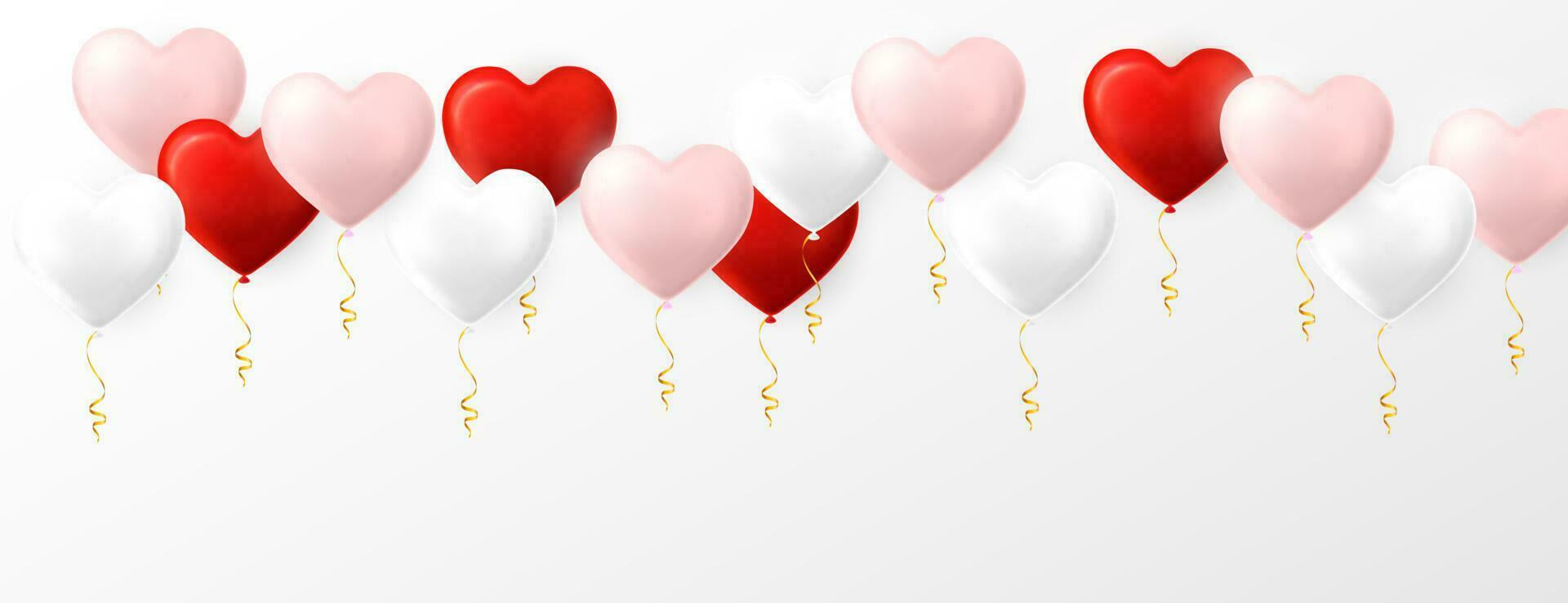 Pink, red and white helium balloon in fotm of heart. Shine balloon for wedding, Birthday, parties. Festival decoration. Vector illustration