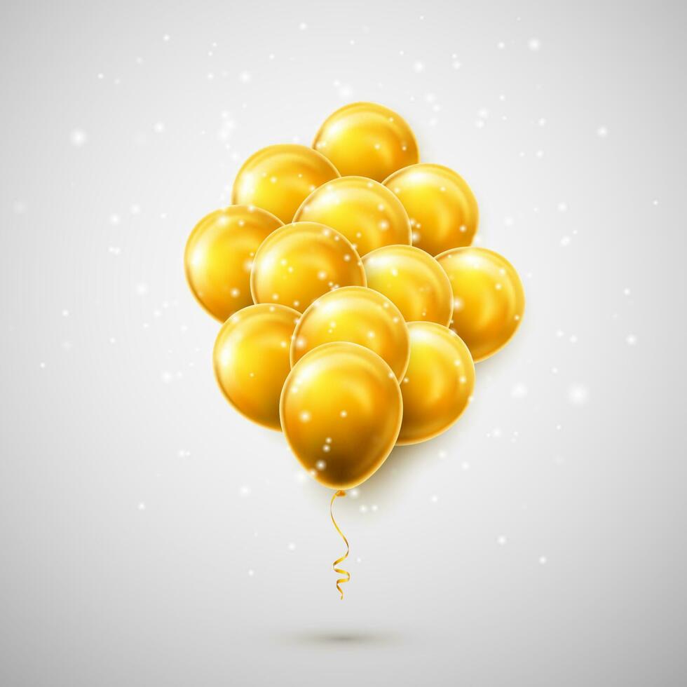Flying bunch of golden balloon with shadow. Shine helium balloon for wedding, Birthday, parties. Festival decoration. Vector illustration
