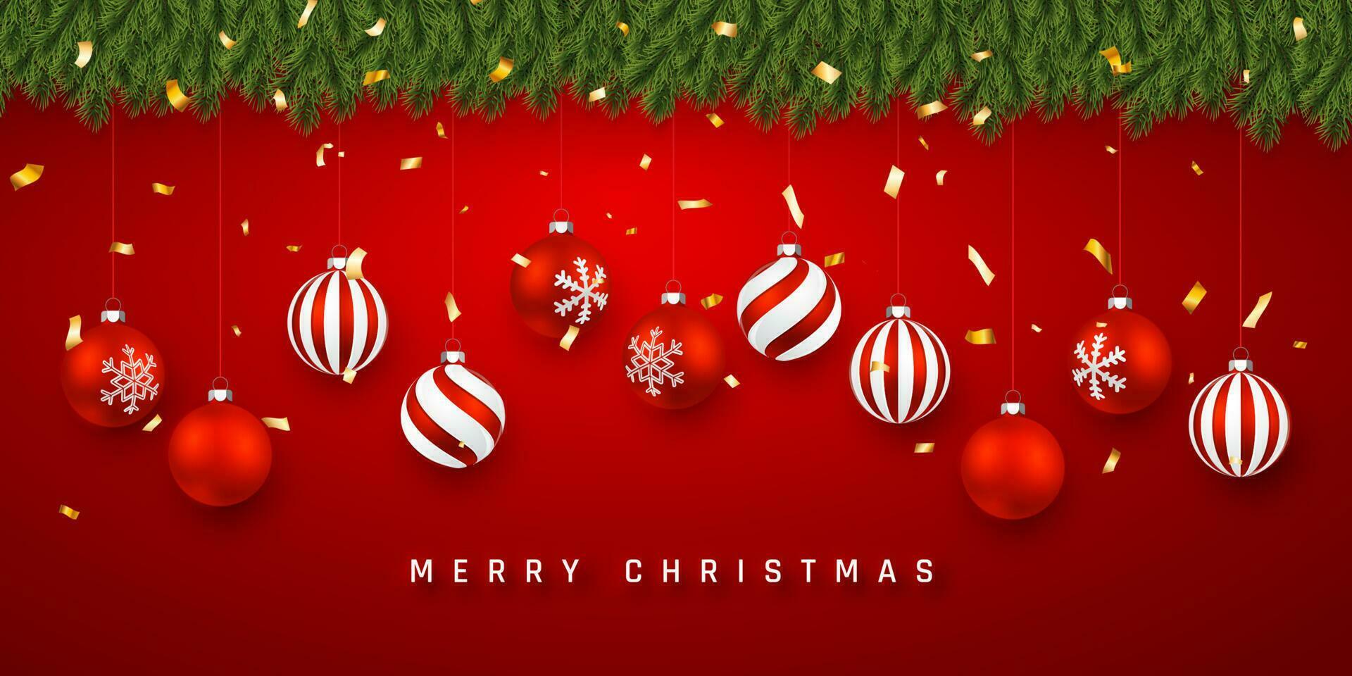 Festive Christmas or New Year Background. Christmas fir-tree branches with confetti and xmas red balls. Holiday's Background. Vector illustration