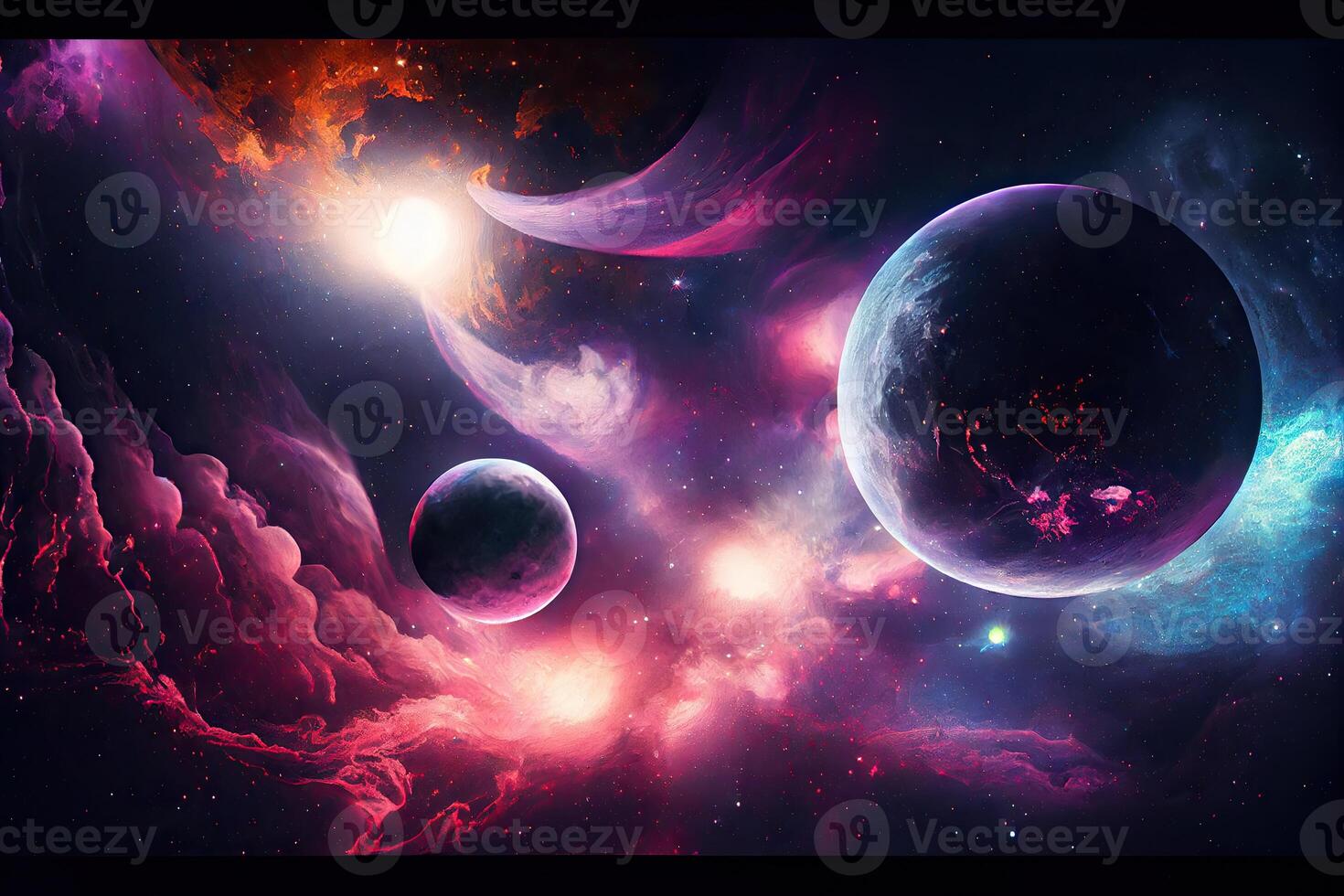 Space background with nebula and fictional planets. photo