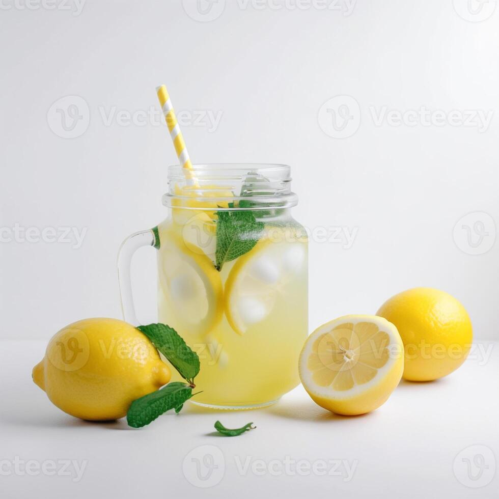A glass jar of lemonade with a straw Generated photo