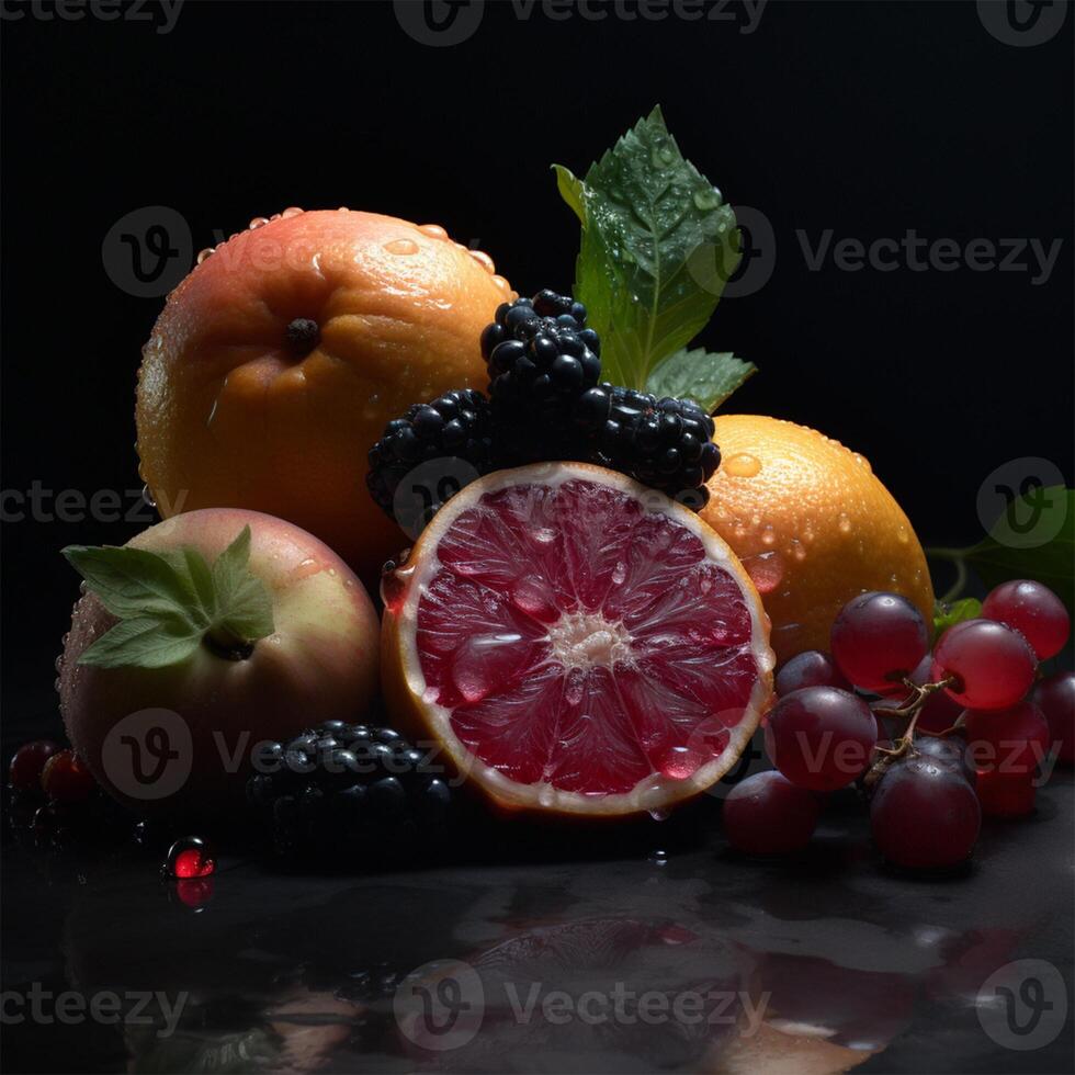 un mesa con un manojo de Fruta generativo ai generado foto