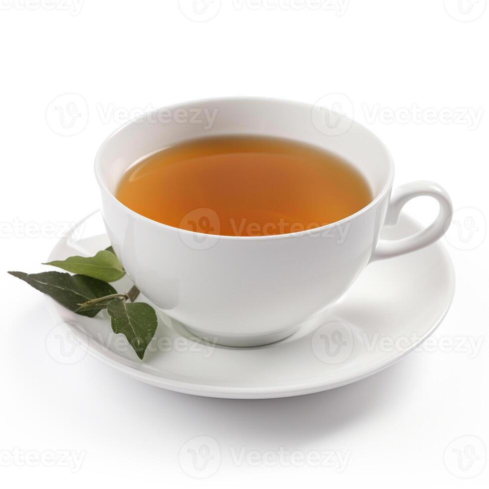 A cup of tea with a leaf Generated photo
