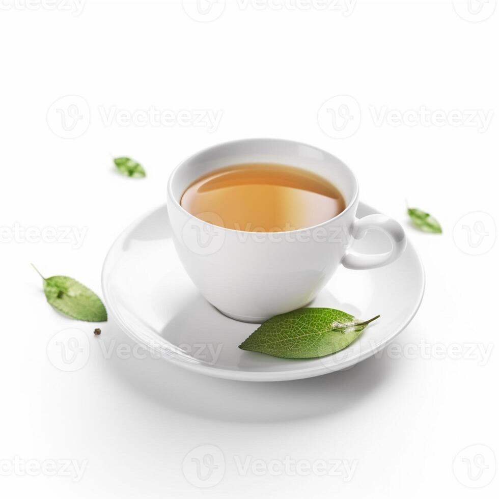 A cup of tea sits on a saucer with leaves Generated photo