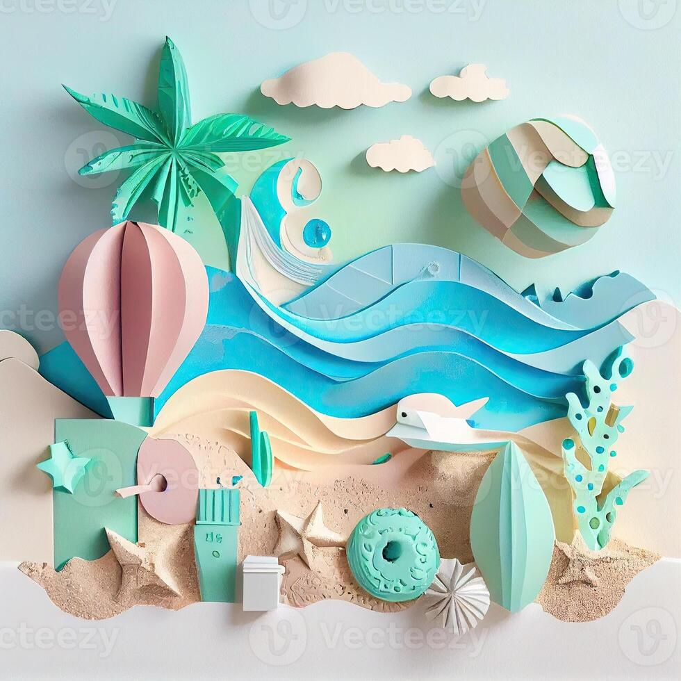 Abstract paper art of summer seascape. Illustration. photo