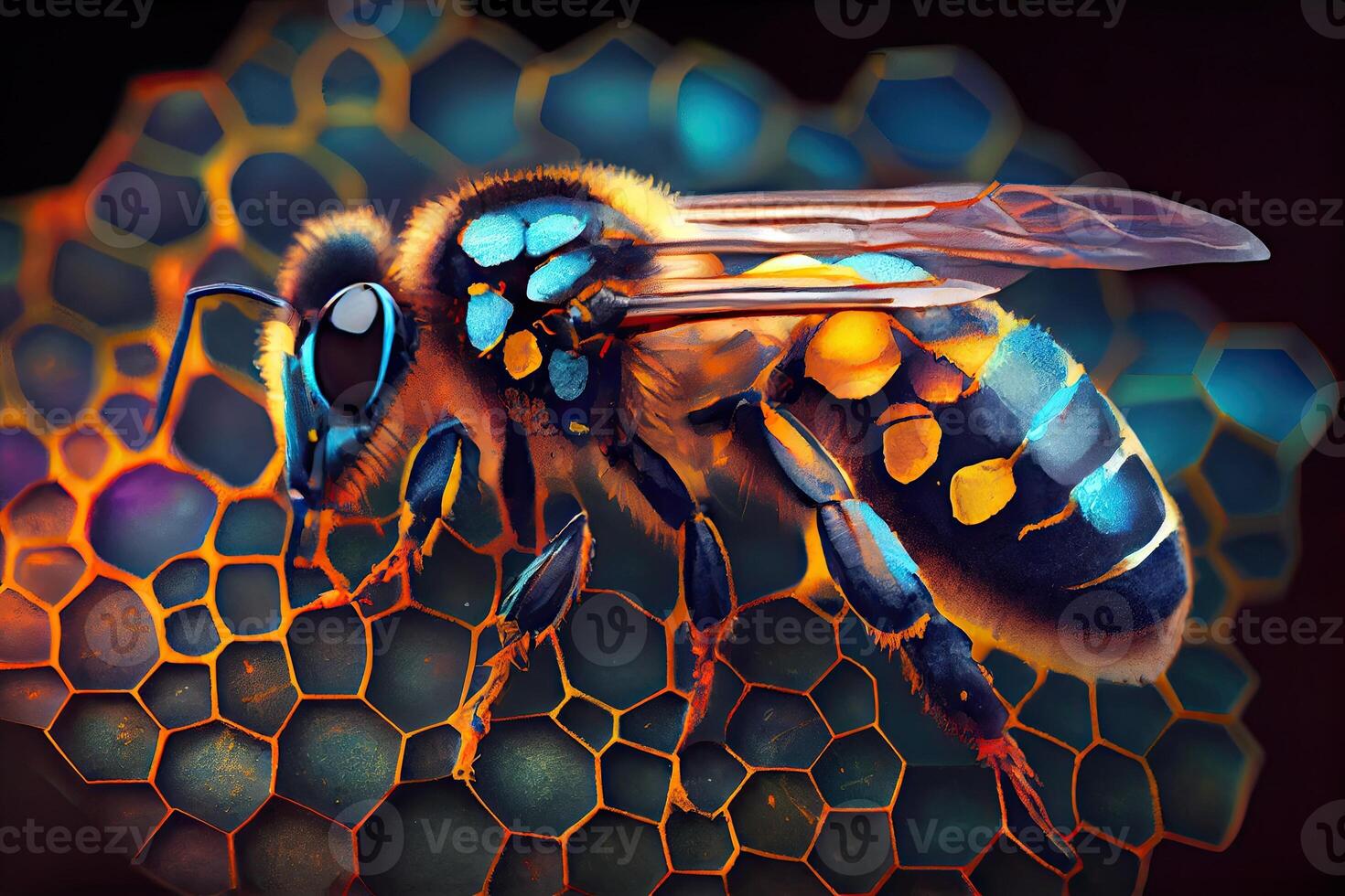 Bee pollinating on a colorful honeycomb. photo