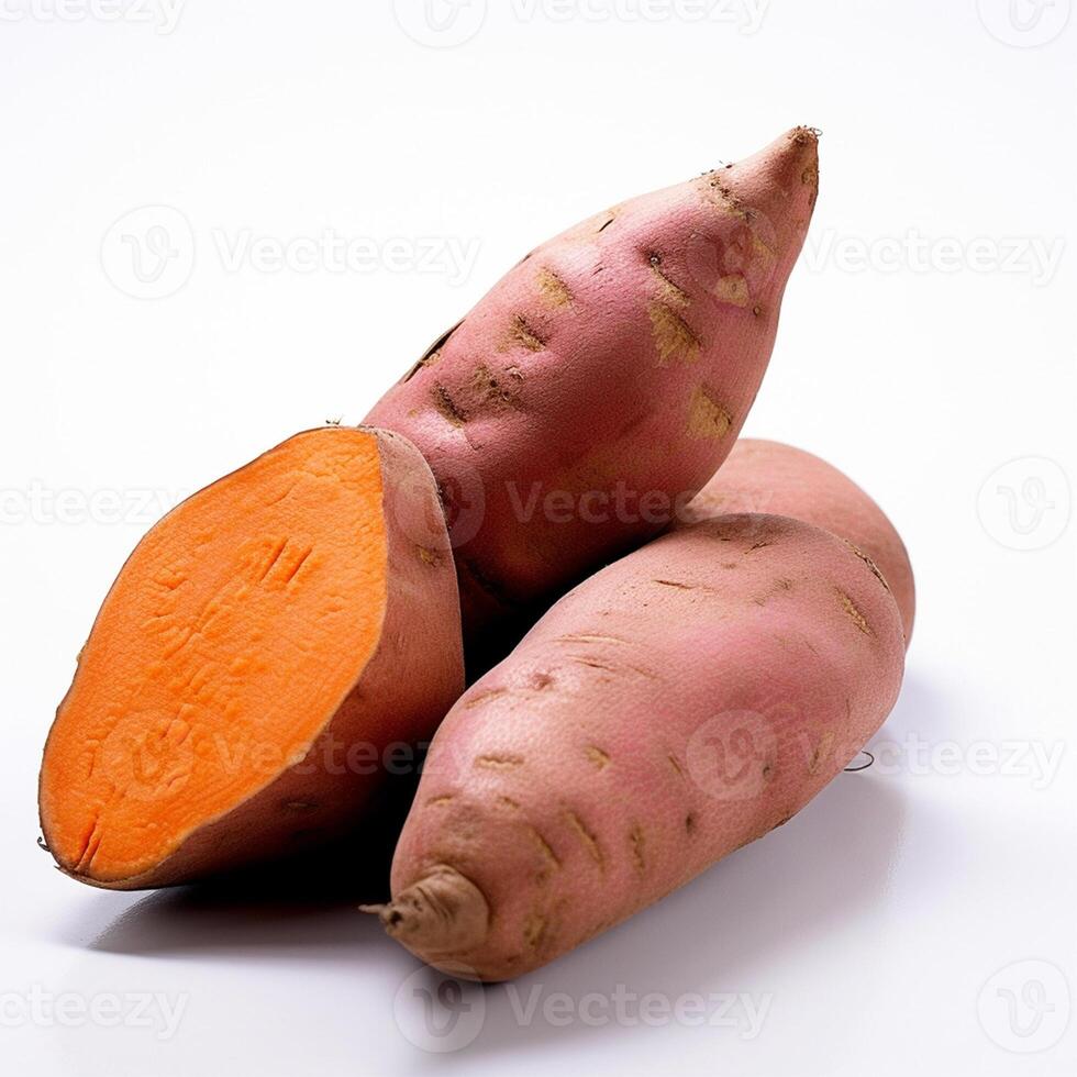 un grupo de púrpura y naranja dulce patatas generativo ai generado foto