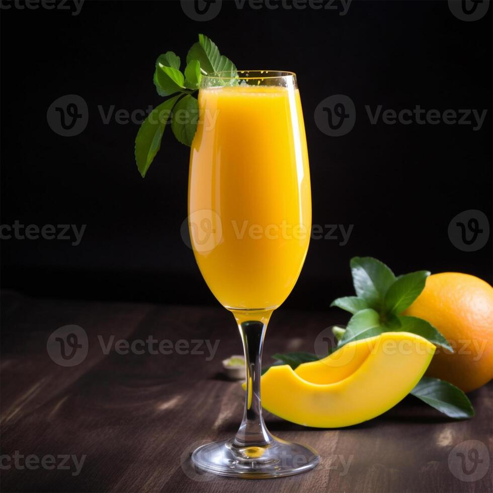 A glass of orange juice with a leaf Generated photo