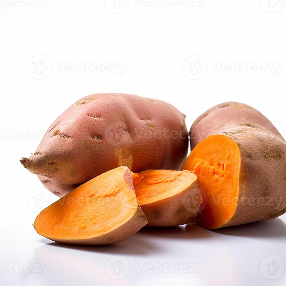 un grupo de púrpura y naranja dulce patatas generativo ai generado foto