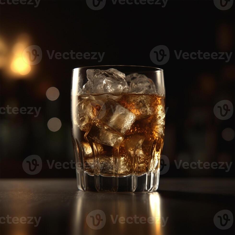 A glass of whiskey with ice cubes Generated photo