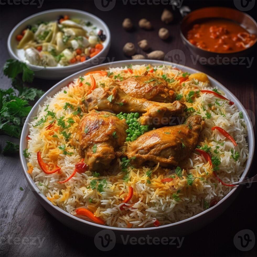 A plate of food with chicken and rice Generated photo