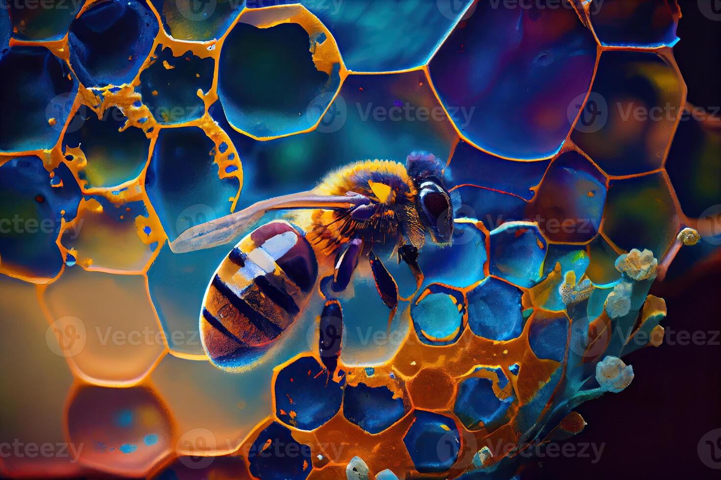 Bee pollinating on a colorful honeycomb. photo
