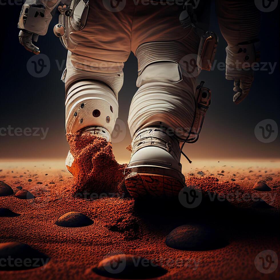 Astronaut Stepping on the ground of mars. photo