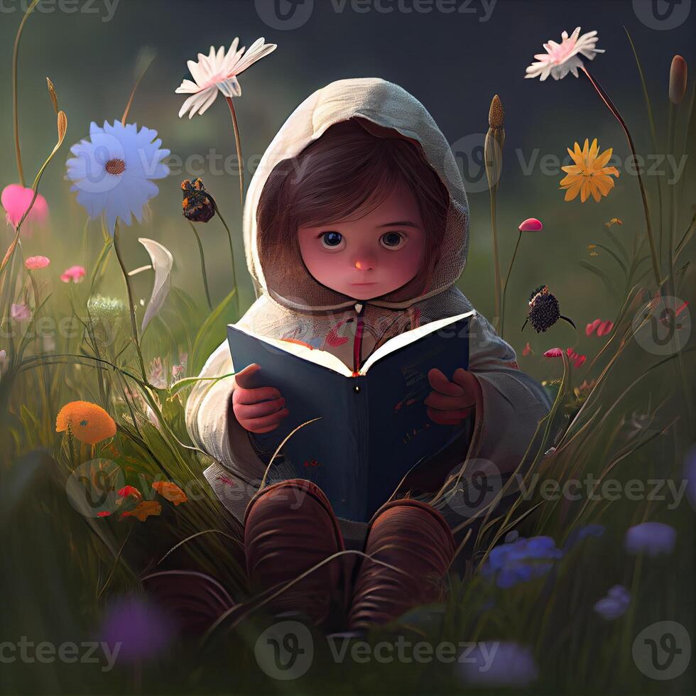 Girl reading a book. Illustration. photo