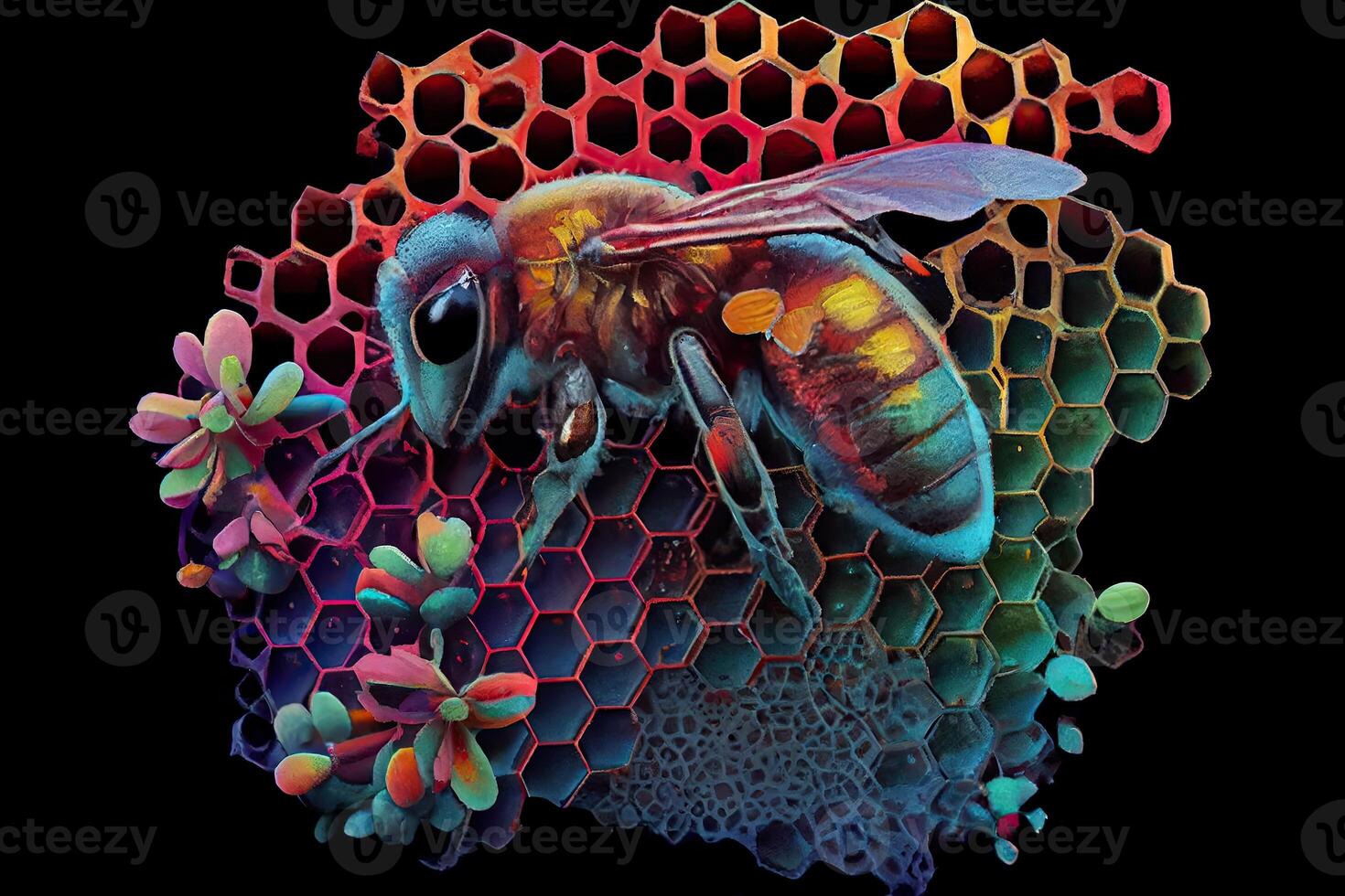 Bee pollinating on a colorful honeycomb. photo