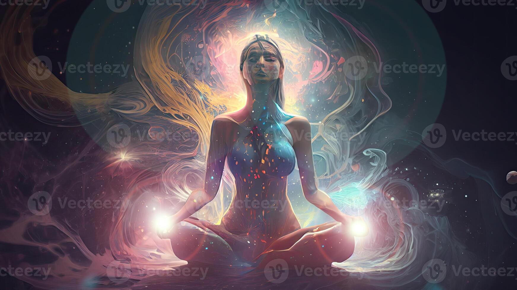 Girl meditating and universe. Illustration. photo