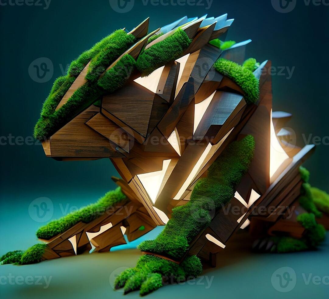 An abstract robotic geometrically sophisticated pangolin that is made of wood and moss. It embodies geometrical 3d recursive systems, forest greenery, and glowing light elements. image photo