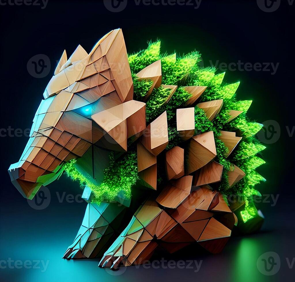 An abstract robotic geometrically sophisticated pangolin that is made of wood and moss. It embodies geometrical 3d recursive systems, forest greenery, and glowing light elements. image photo