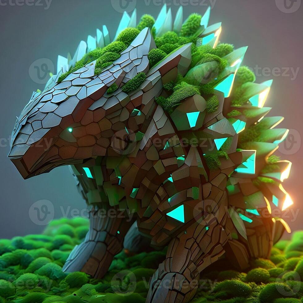 An abstract robotic geometrically sophisticated pangolin that is made of wood and moss. It embodies geometrical 3d recursive systems, forest greenery, and glowing light elements. image photo