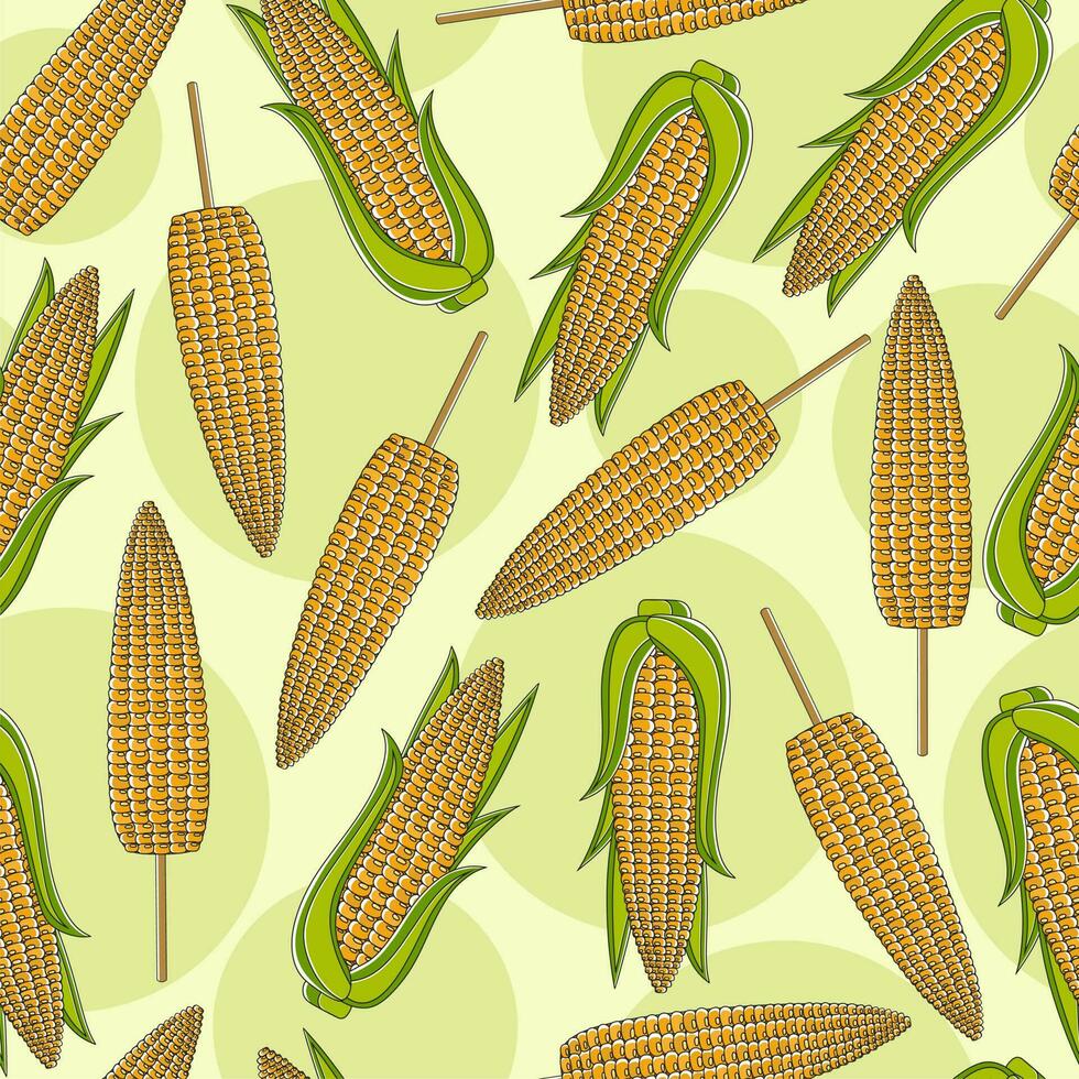Vector seamless pattern with corn cobs and corn on stick on a light green background. Farmhouse Decor.